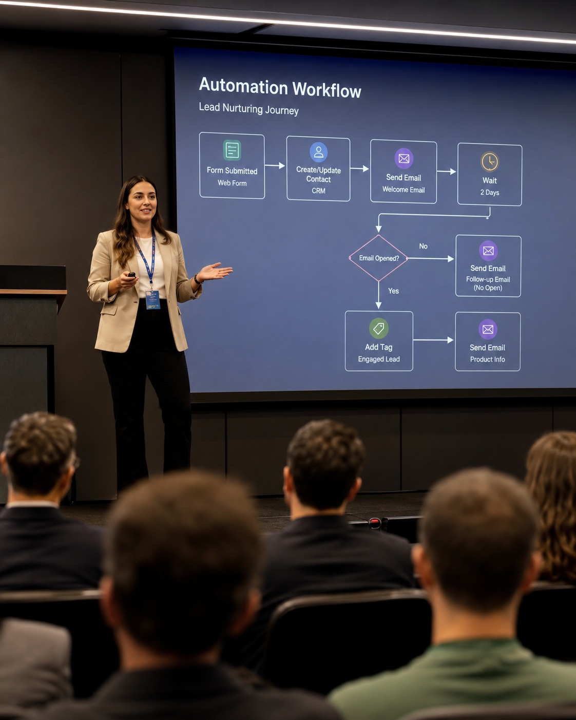 Instructora presentando un workflow de automatización IA a profesionales