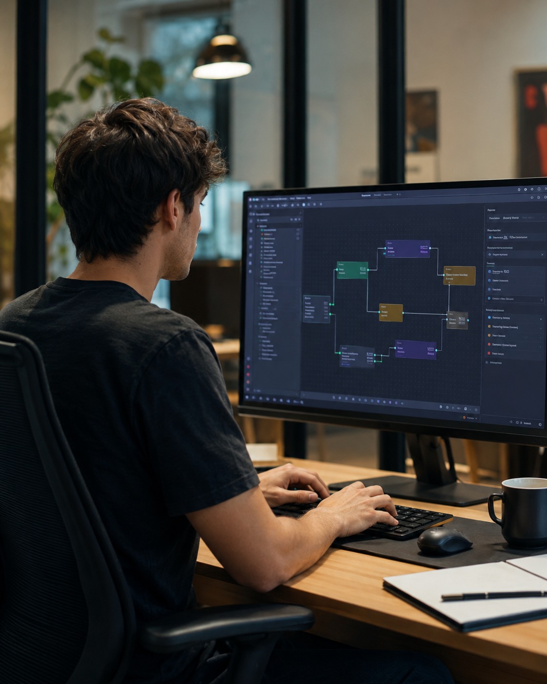 Profesional trabajando en un workflow de automatización con IA